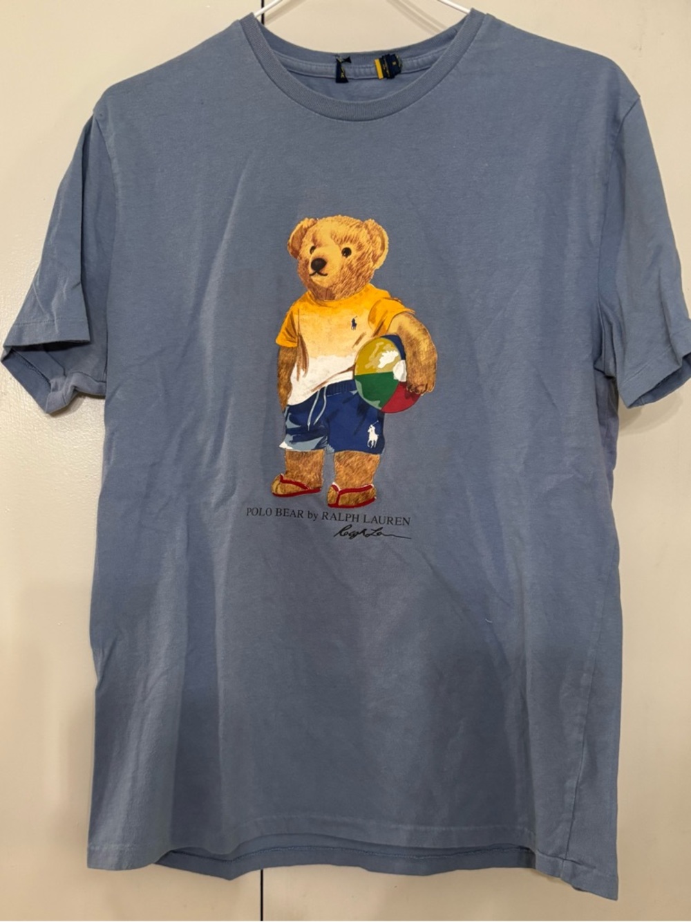 Polo by Ralph Lauren Light Blue Bear Graphic Short Sleeve Tee. Single stitch.